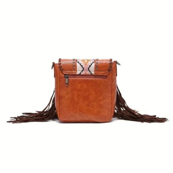 Vintage Bohemian Style Rivet Crossbody Bag, Tassel Aztec Tribal Fringe Purse - Picture 6 of 8